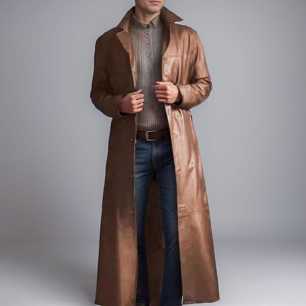 Maiyifu-GJ Mens Leather Trench Coat Faux Leather Vintage